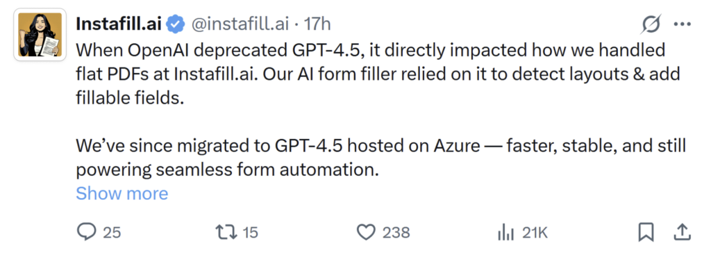 Instafill.ai is moving to Microsoft Azure from OpenAI for the GPT 4.5 API